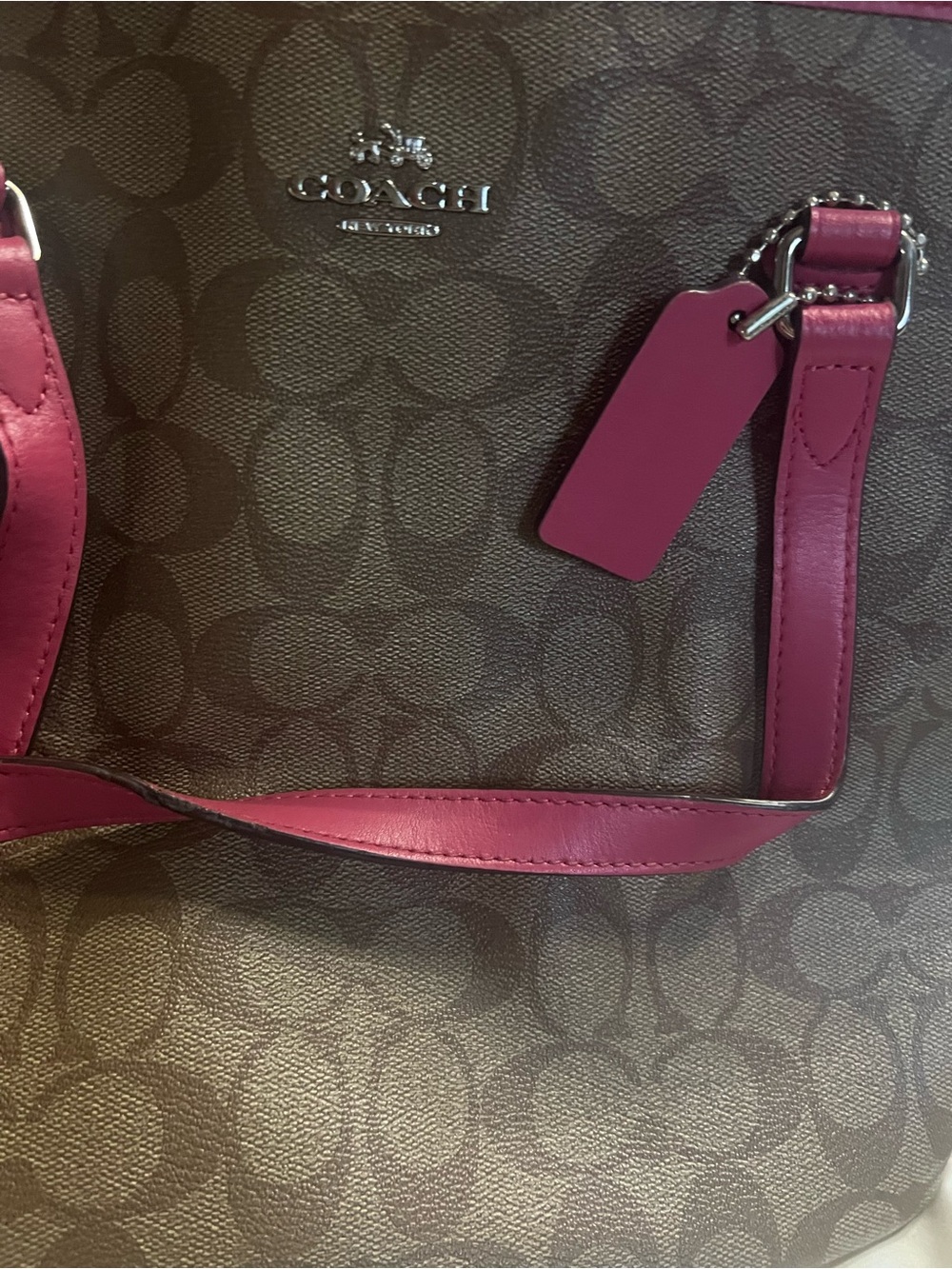 Coach Brown Signature Tote with Magenta Trim
